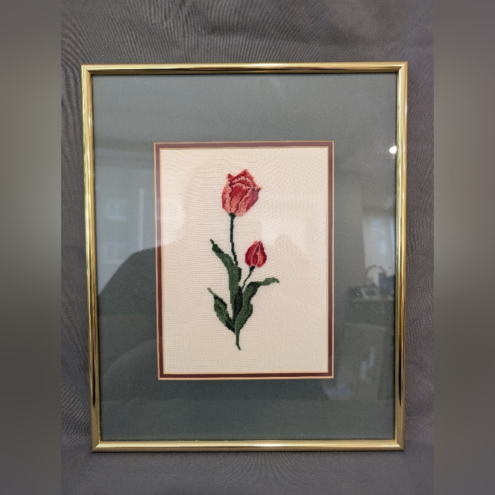 Vintage Arnie Fisk Framed Rose Needlepoint